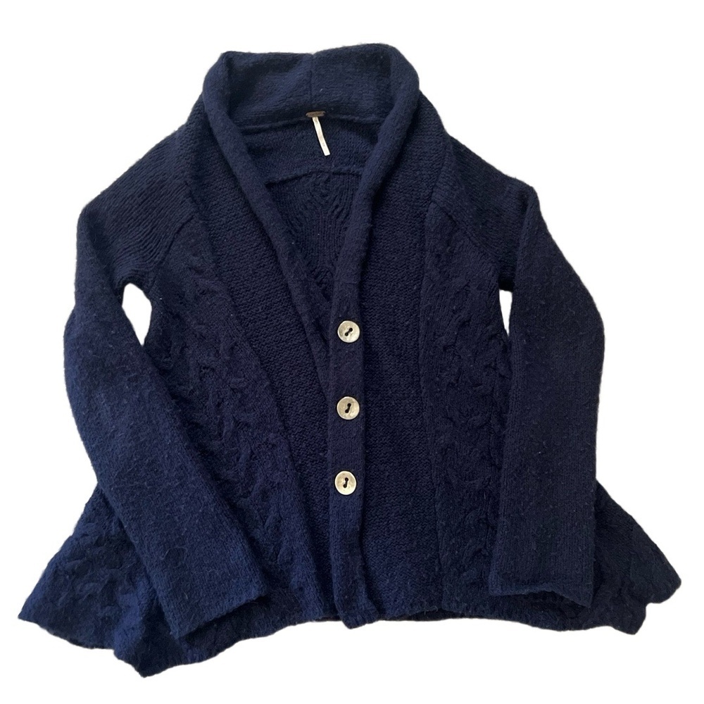Free People Far Away Cable Knit Cardigan Womens Size M Blue Shawl Collar - Picture 3 of 13